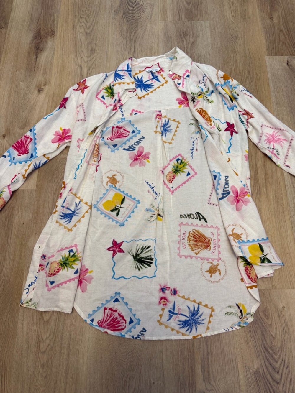 Blue Island Aloha Stamps Print Oversized Button Down - Picture 5 of 6
